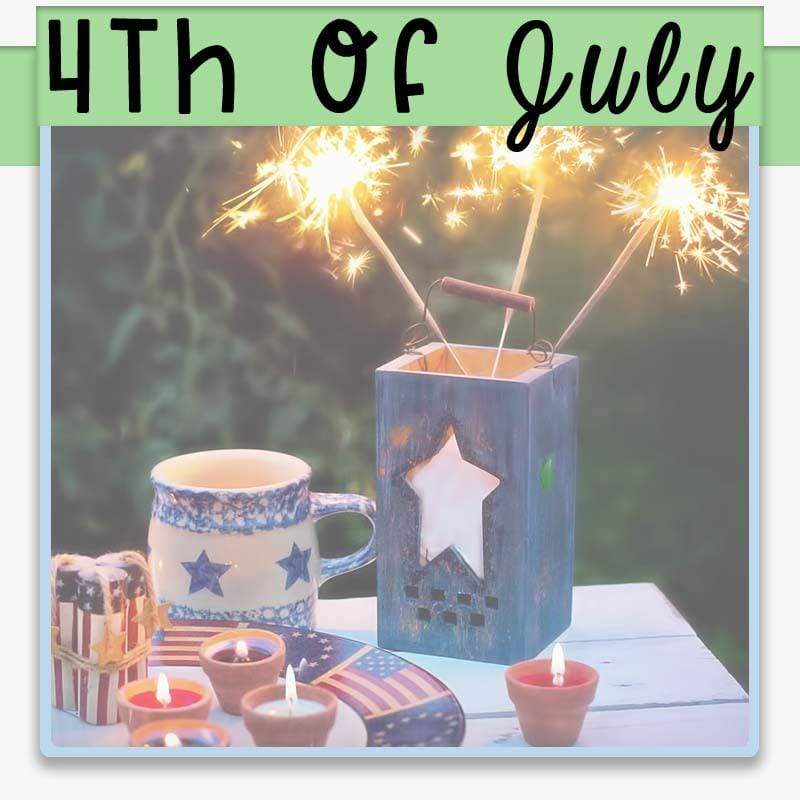 4th of July table spread with sparklers and image text 4th of July