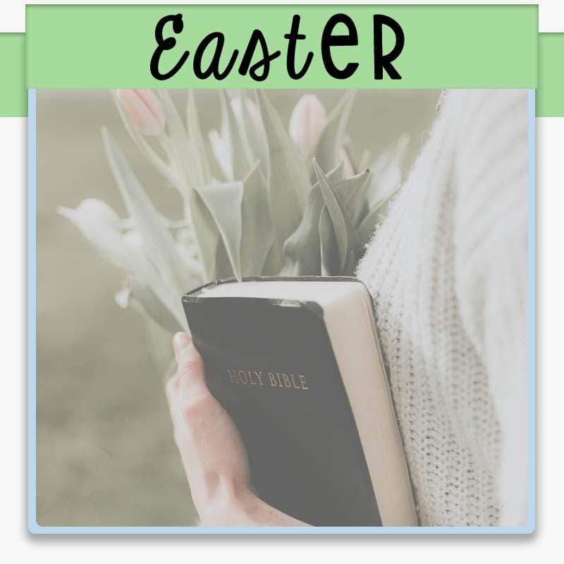 woman in cardigan holding holy bible and bouquet of spring lilies with text overlay Easter