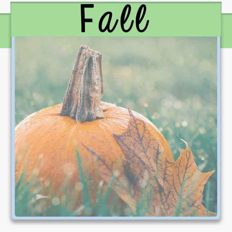 little pumpkin in grass with a fall leaf and text overlay fall