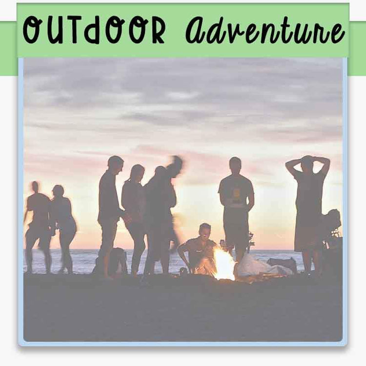 at sunset family and friends gather on the beach or lake shore dancing and hanging around a campfire with text overlay outdoor adventure
