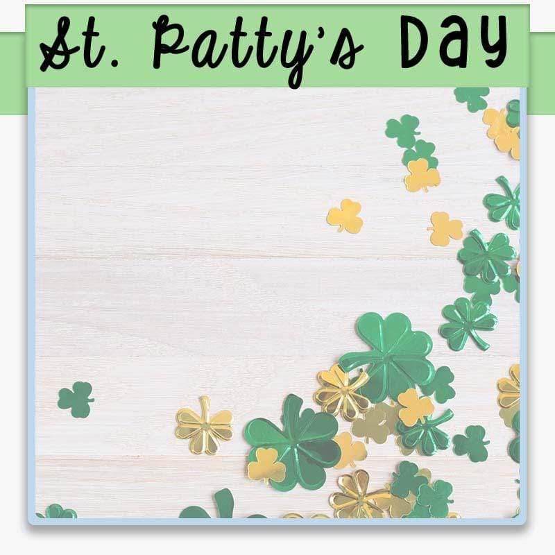 green and gold clover sequins with text overlay St. Patty's day