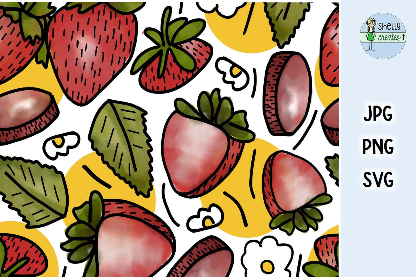 Strawberry Clipart - SVG, JPG, PNG - Hand Drawn watercolor and repeating pattern